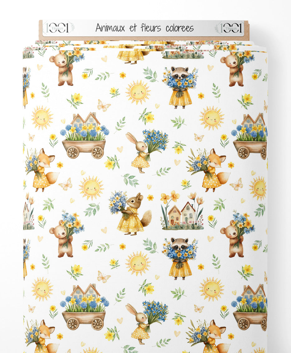 Tissu - Animaux et fleurs colorées