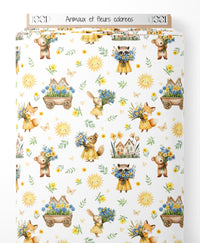 Tissu - Animaux et fleurs colorées