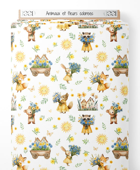 Tissu - Animaux et fleurs colorées