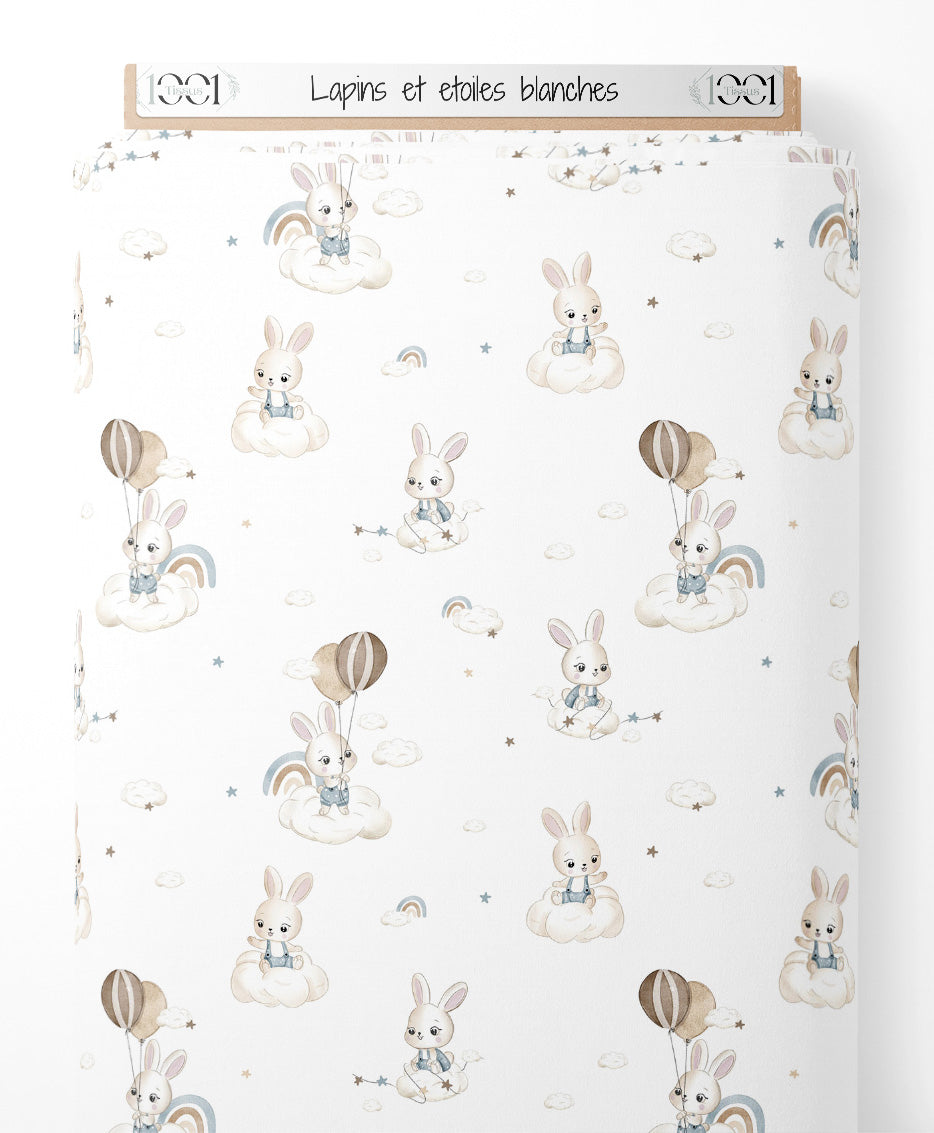 Tissu - Lapins et étoiles blanches
