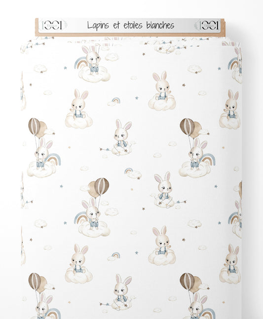 Tissu - Lapins et étoiles blanches