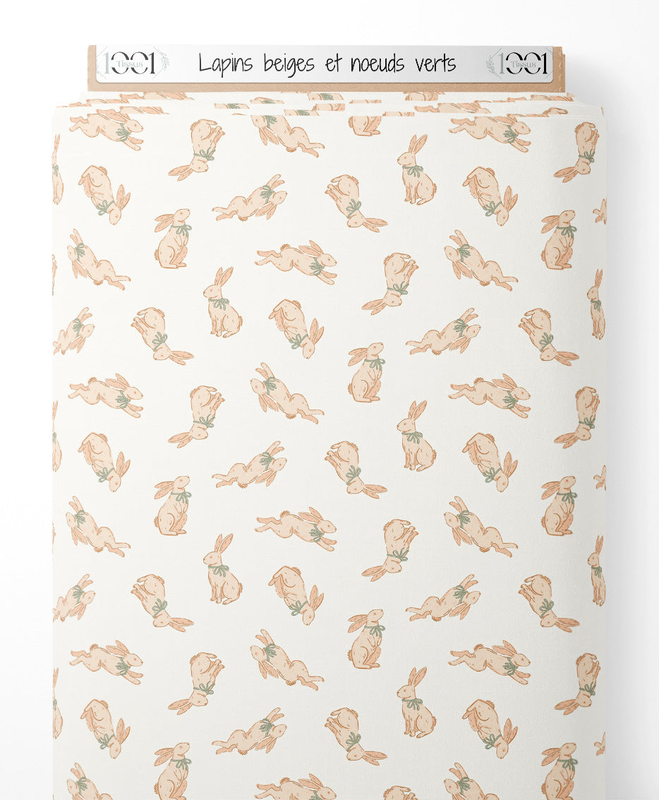 Tissu - Lapins beiges et nœuds verts