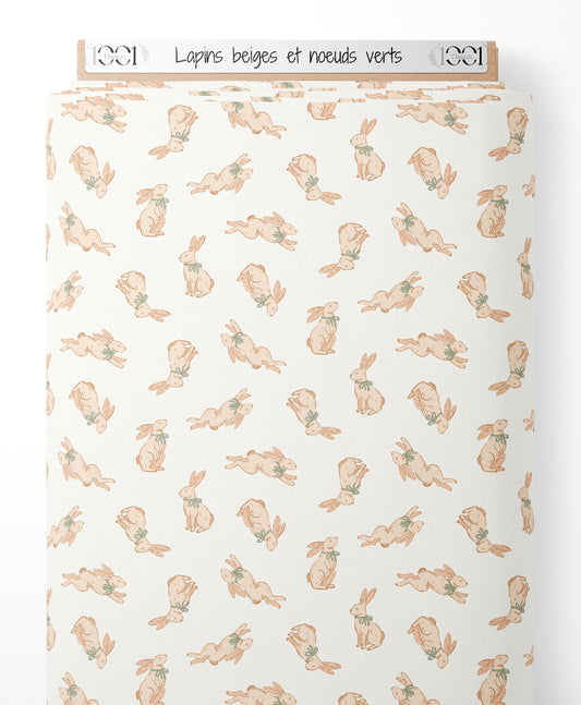 Tissu - Lapins beiges et nœuds verts