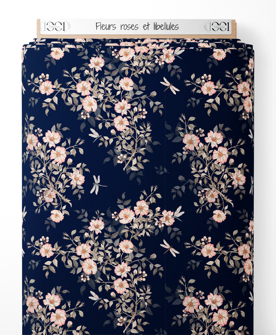 Tissu - Fleurs roses et libellules