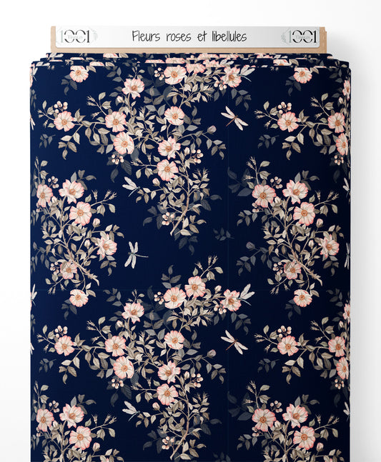 Tissu - Fleurs roses et libellules