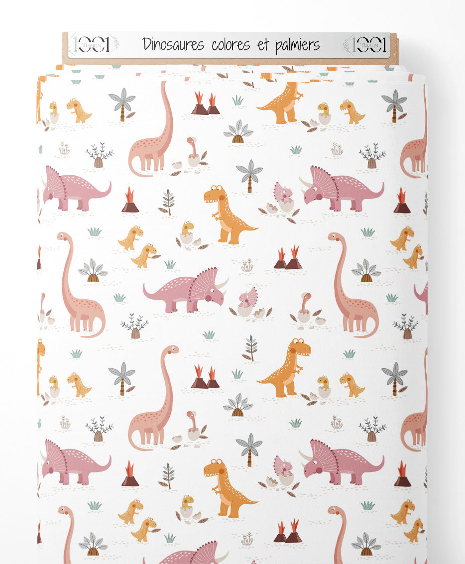 Tissu - Dinosaures colorés et palmiers