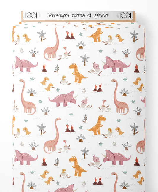 Tissu - Dinosaures colorés et palmiers