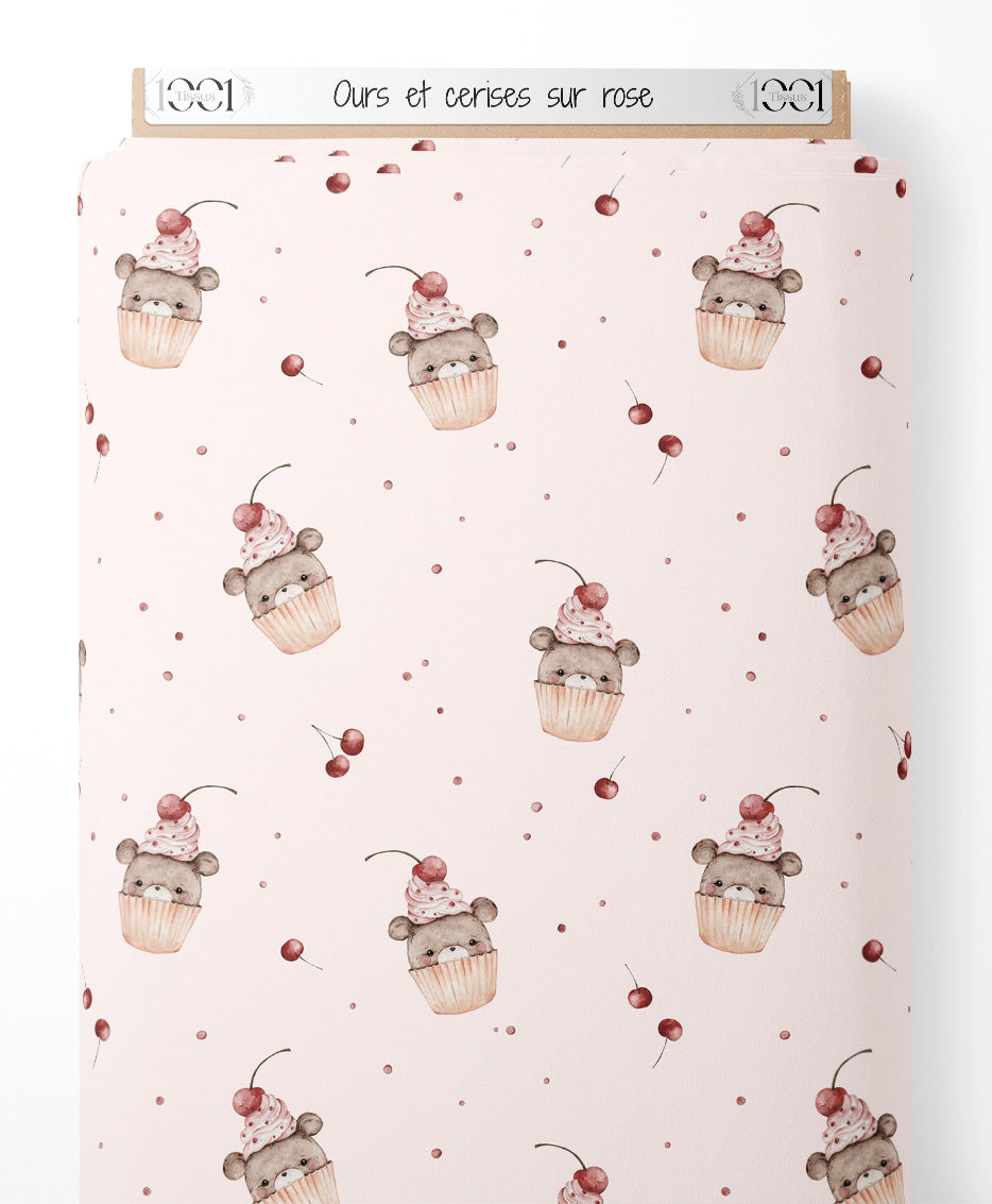 Tissu - Ours et cerises sur rose