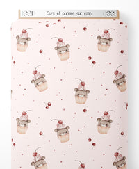 Tissu - Ours et cerises sur rose