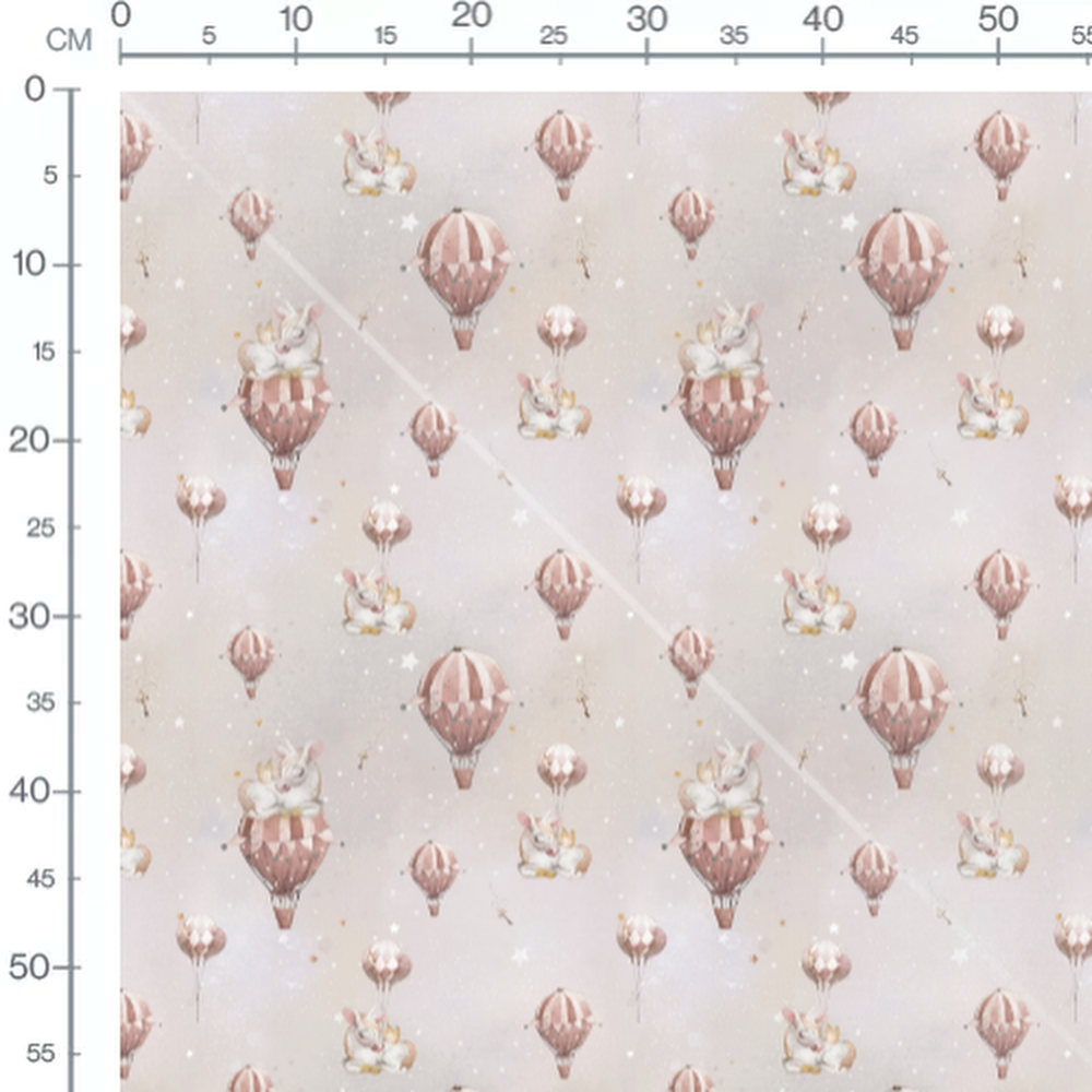 Tissu - Lapins sur montgolfières roses