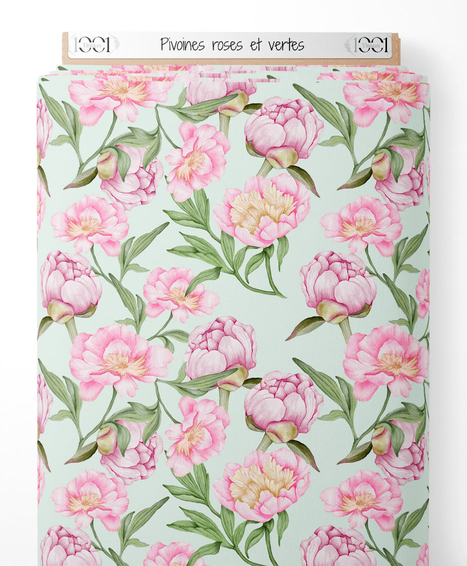 Tissu - Pivoines roses et vertes