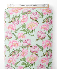 Tissu - Pivoines roses et vertes