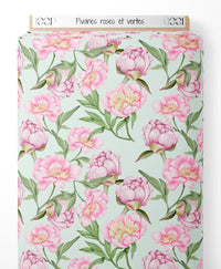 Tissu - Pivoines roses et vertes