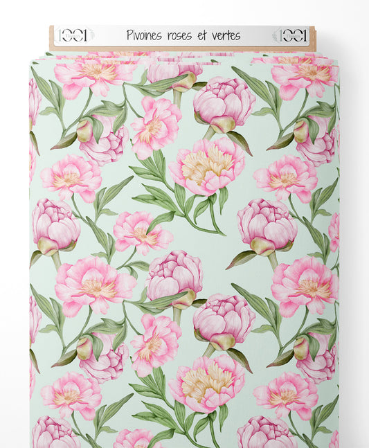 Tissu - Pivoines roses et vertes