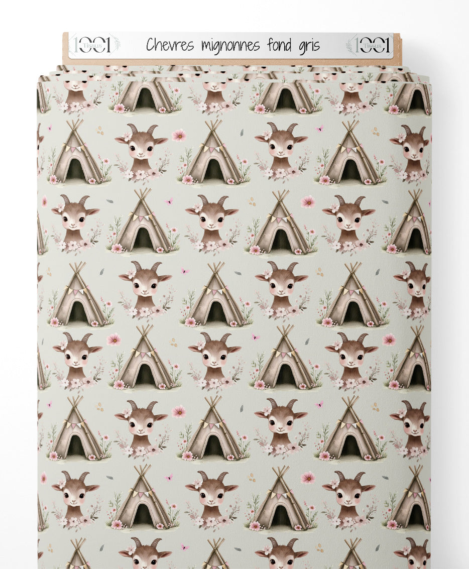 Tissu - Chèvres mignonnes sur fond gris