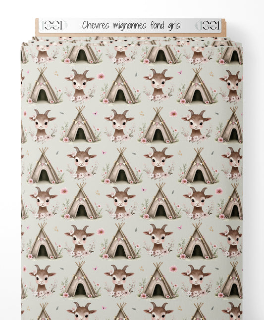 Tissu - Chèvres mignonnes sur fond gris