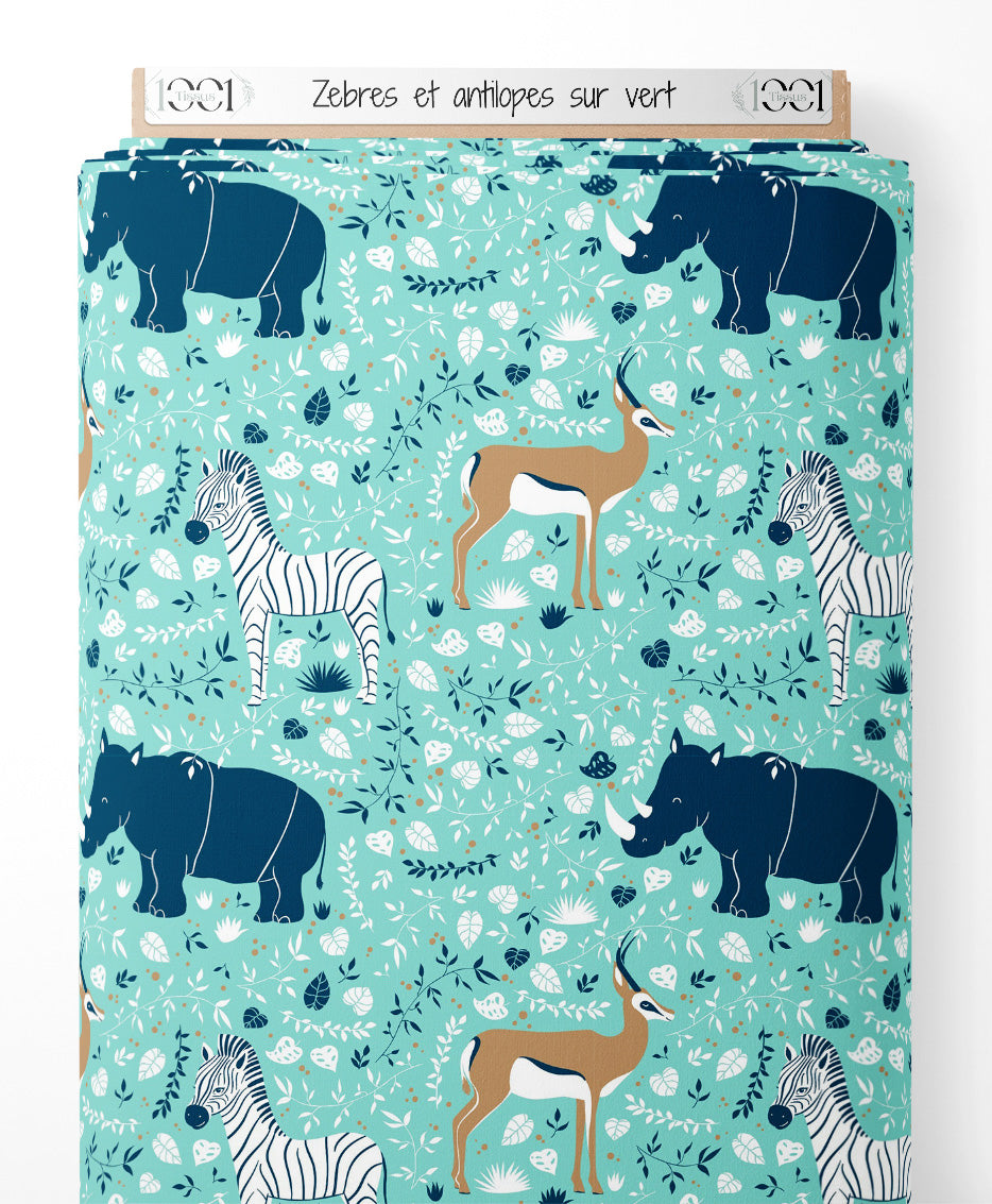 Tissu - Zèbres et antilopes sur vert