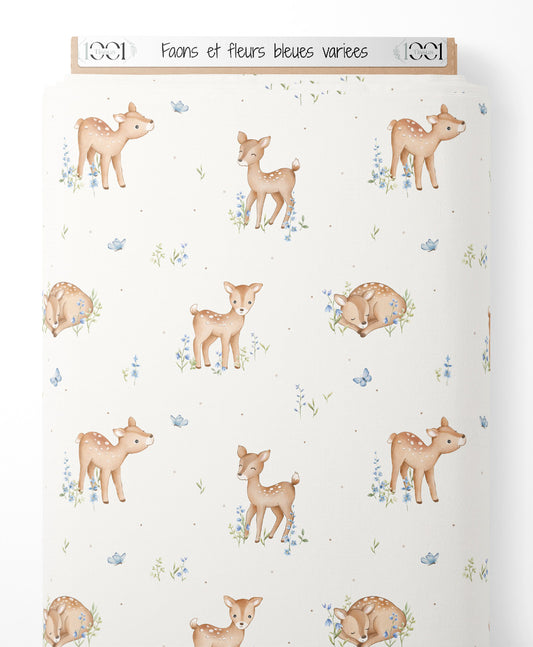 Tissu - Faons et fleurs bleues variées