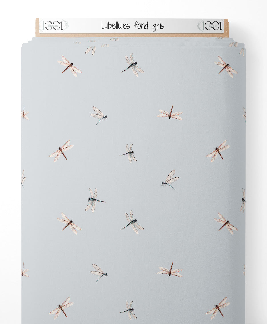 Tissu - Libellules sur fond gris