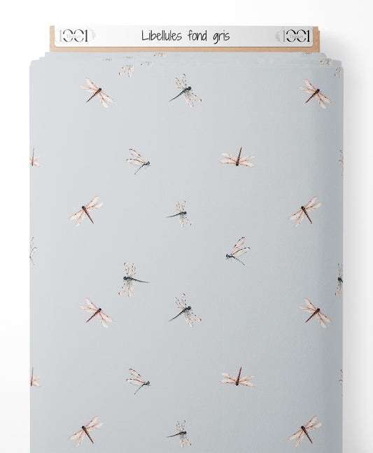 Tissu - Libellules sur fond gris