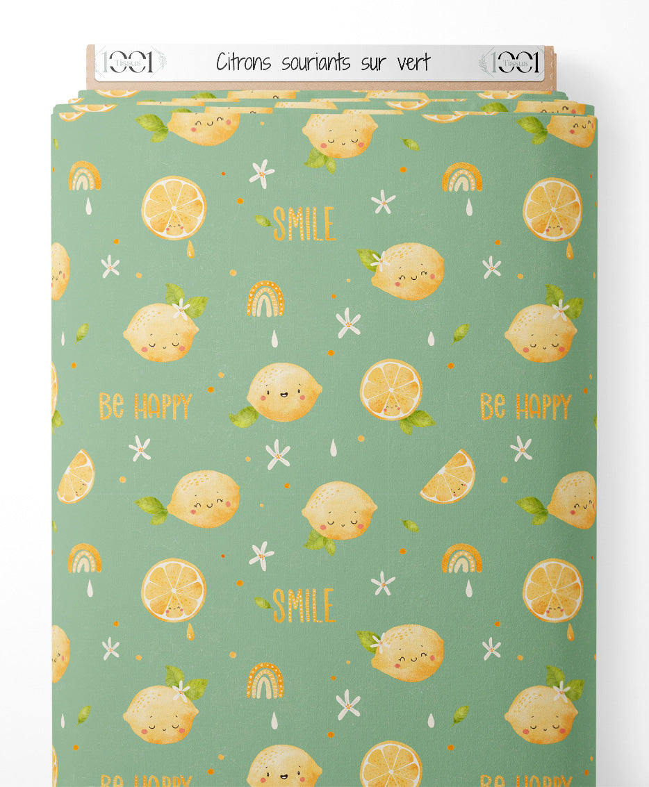 Tissu - Citrons souriants sur vert