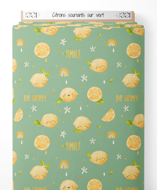 Tissu - Citrons souriants sur vert
