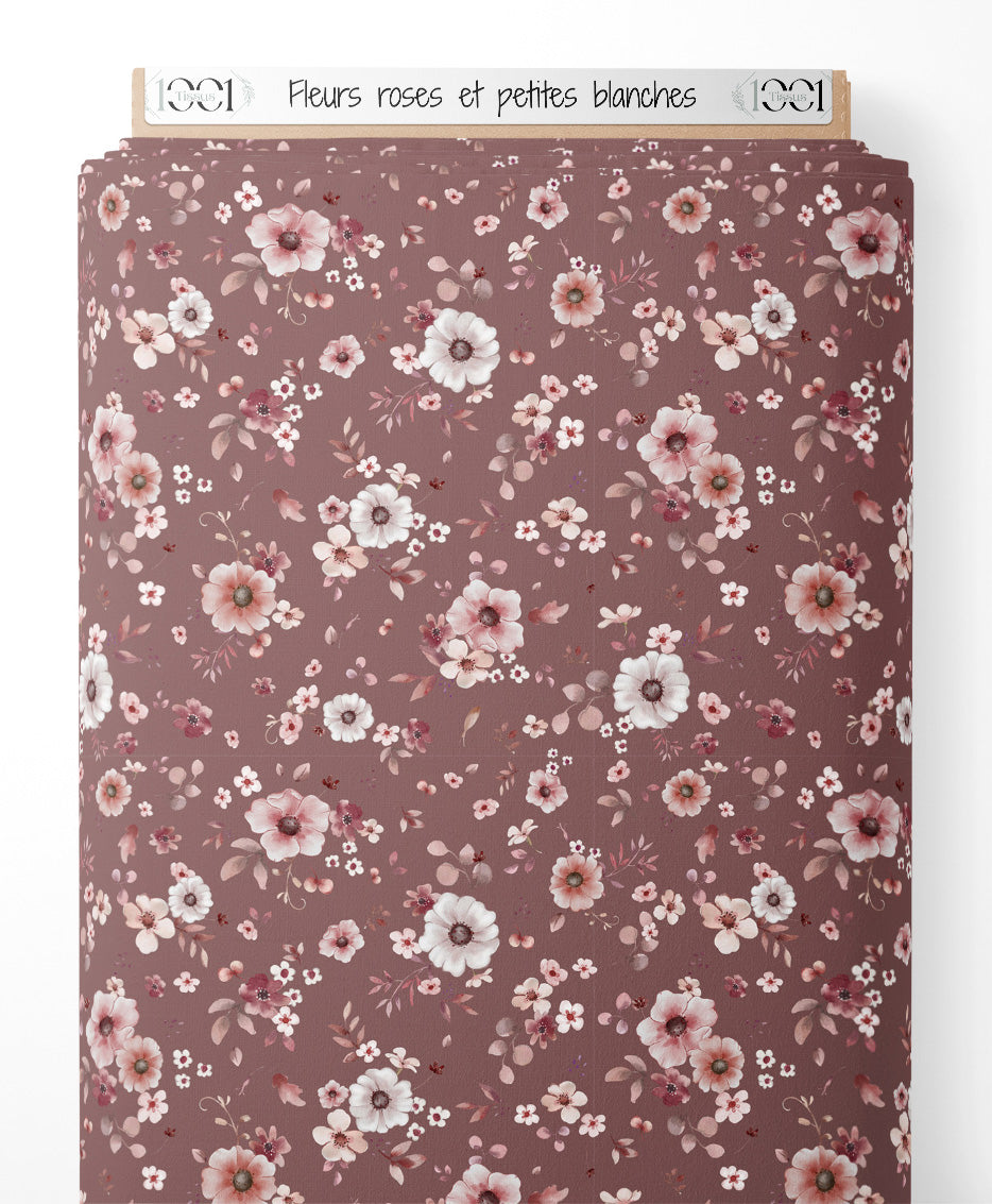 Tissu - Fleurs roses et petites blanches