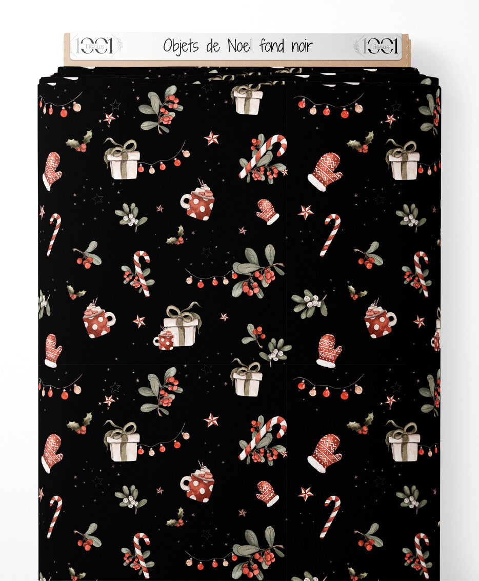 Tissu - Objets de Noël sur fond noir