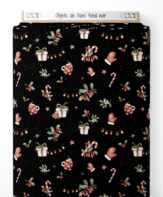 Tissu - Objets de Noël sur fond noir