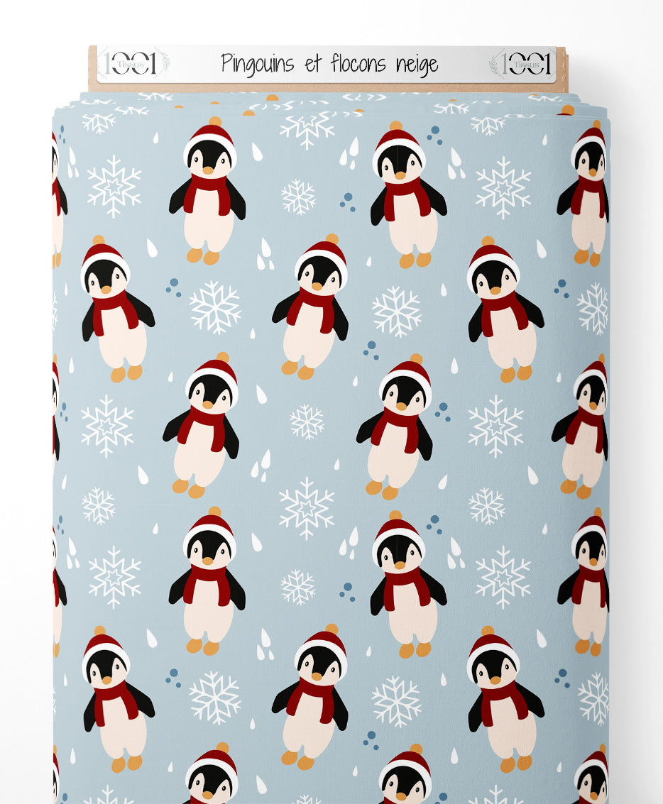 Tissu - Pingouins et flocons neige