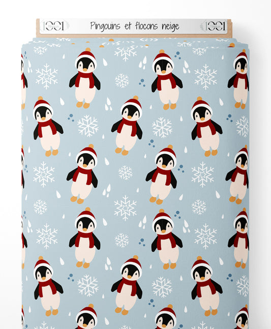 Tissu - Pingouins et flocons neige