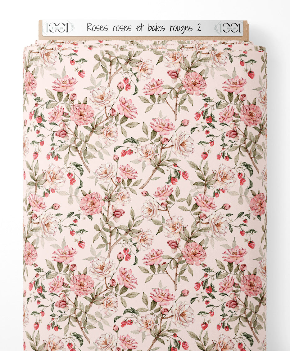 Tissu - Roses roses et baies rouges 2