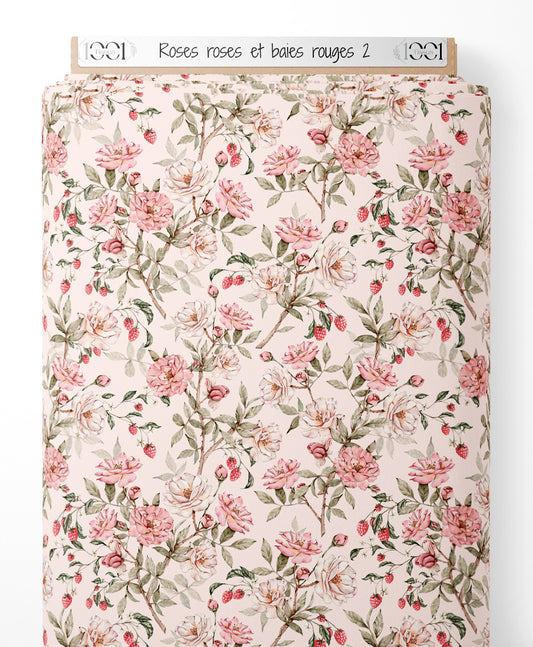 Tissu - Roses roses et baies rouges 2