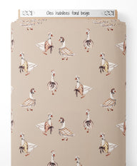 Tissu - Oies habillées sur fond beige