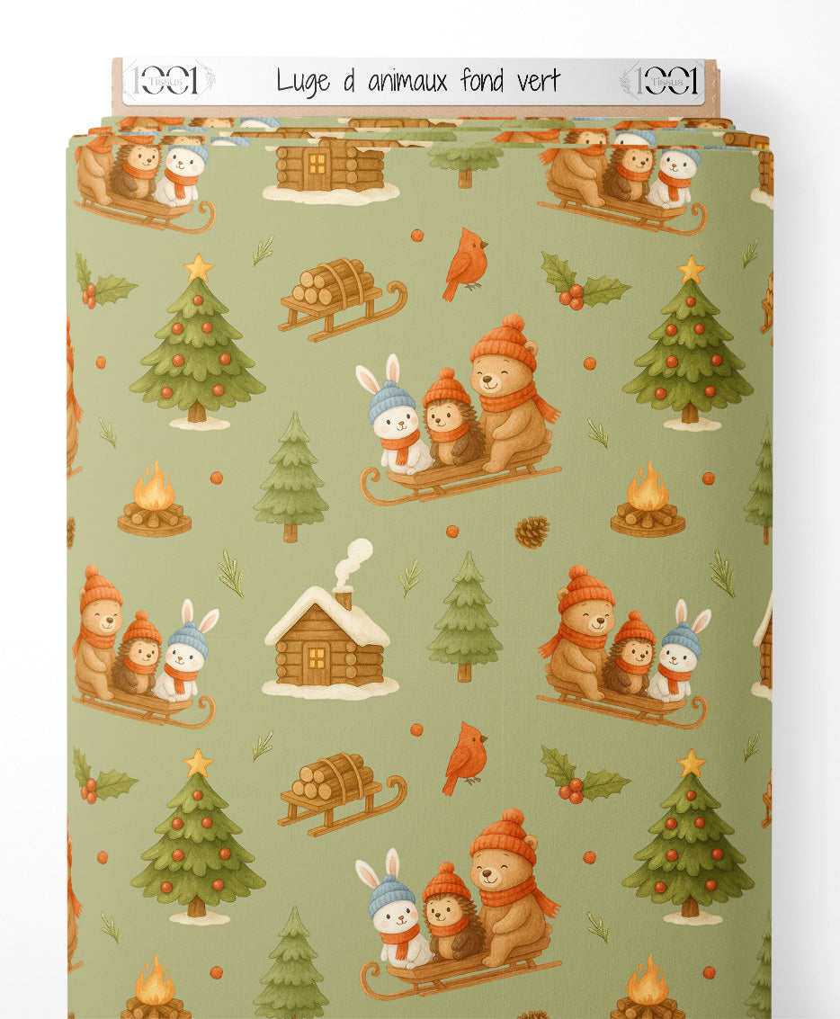Tissu - Luge d'animaux sur fond vert