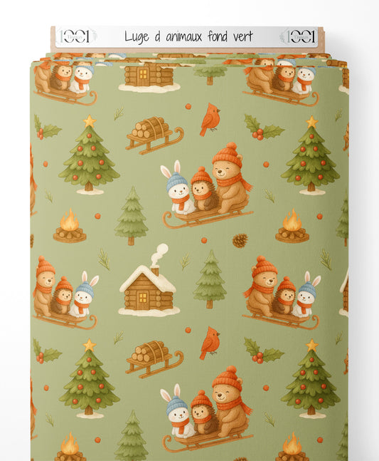Tissu - Luge d'animaux sur fond vert