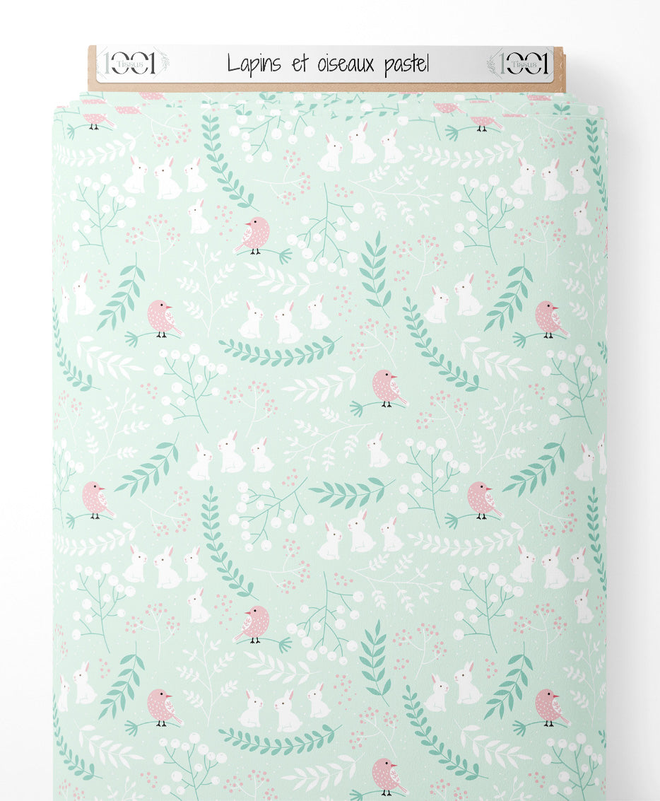 Tissu - Lapins et oiseaux pastel