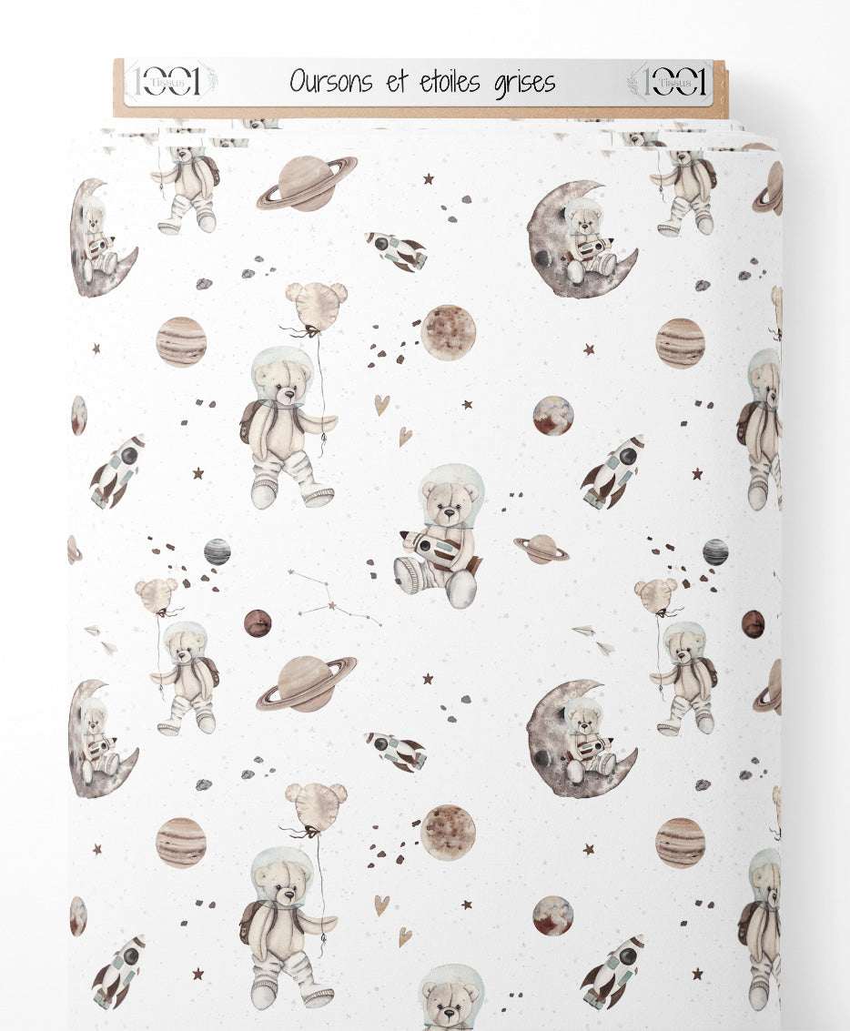 Tissu - Oursons et étoiles grises