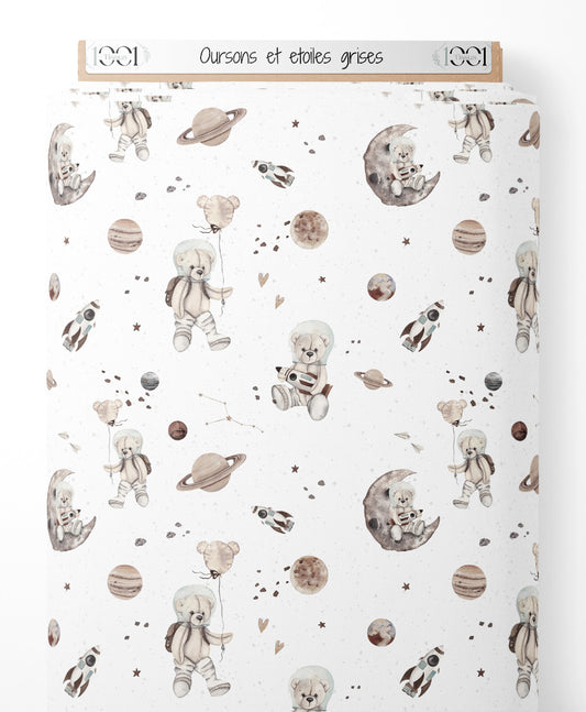 Tissu - Oursons et étoiles grises