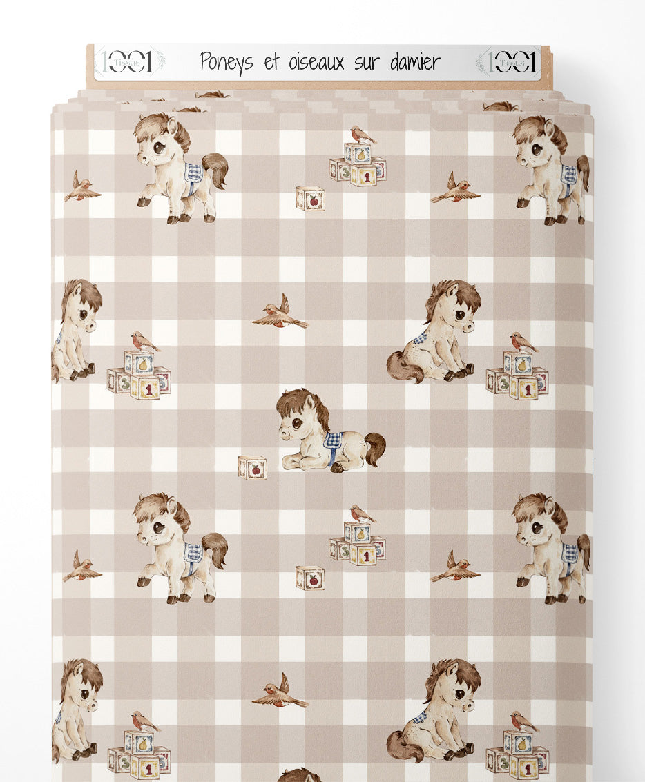 Tissu - Poneys et oiseaux sur damier