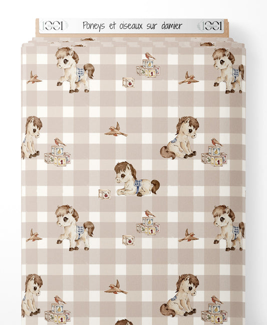 Tissu - Poneys et oiseaux sur damier
