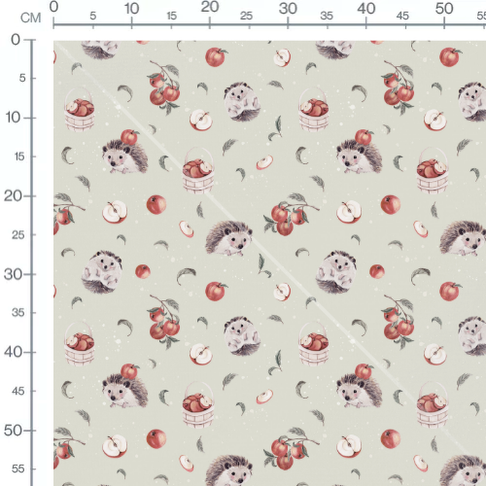 Tissu - Hérissons et pommes sur vert