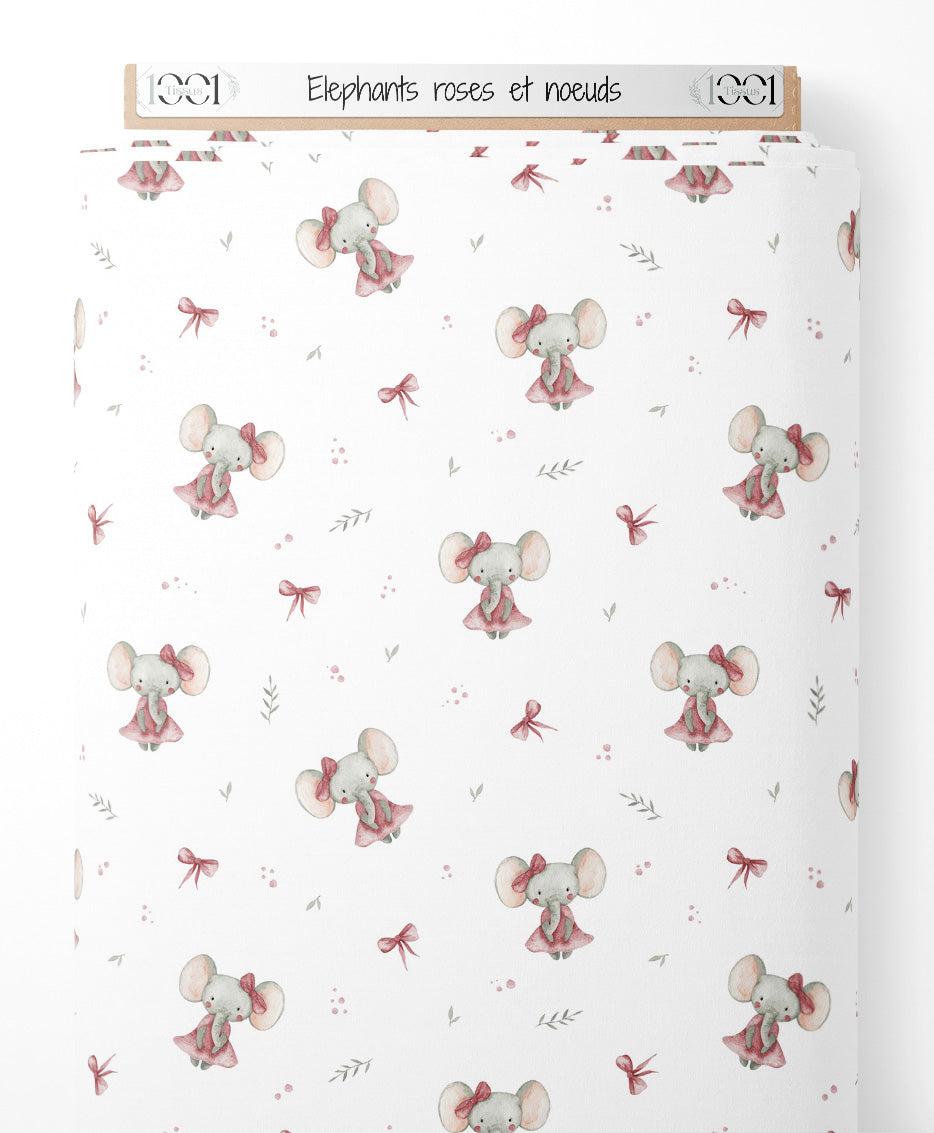 Tissu - Éléphants roses et nœuds