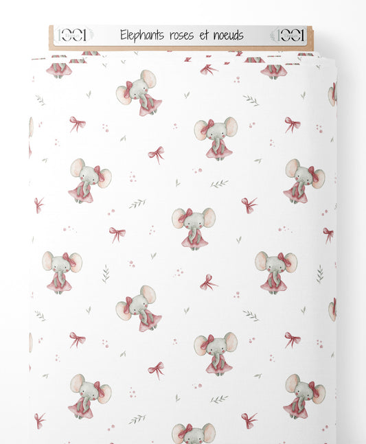 Tissu - Éléphants roses et nœuds