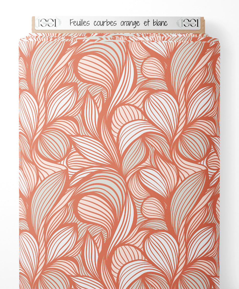 Tissu - Feuilles courbes orange et blanc