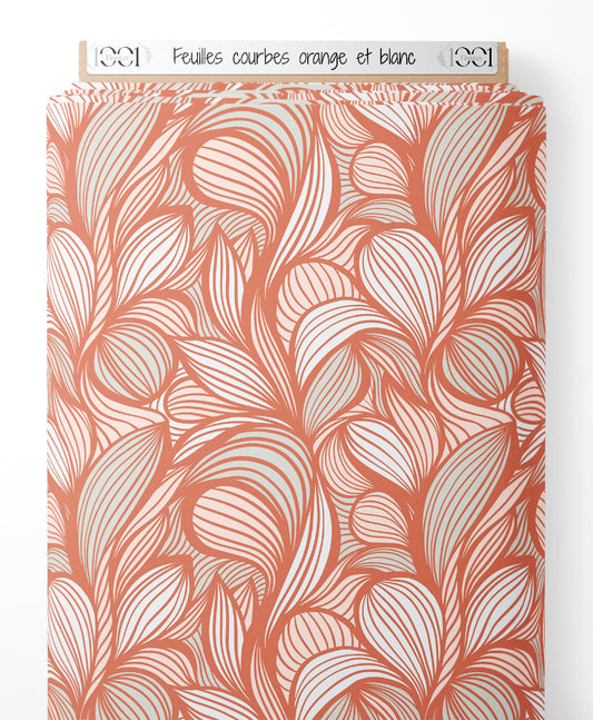 Tissu - Feuilles courbes orange et blanc