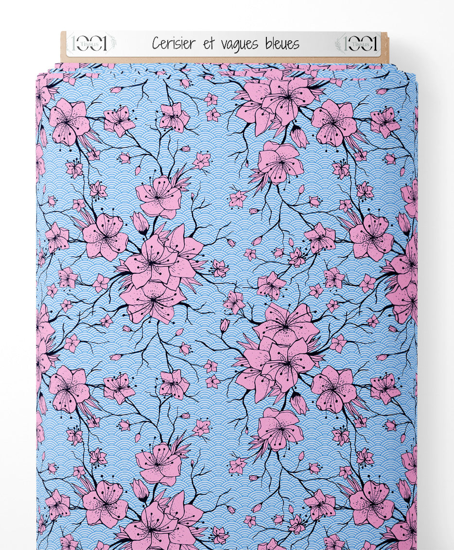 Tissu - Cerisier et vagues bleues