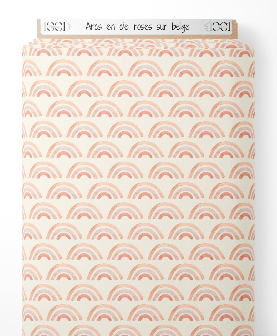Tissu - Arcs-en-ciel roses sur beige