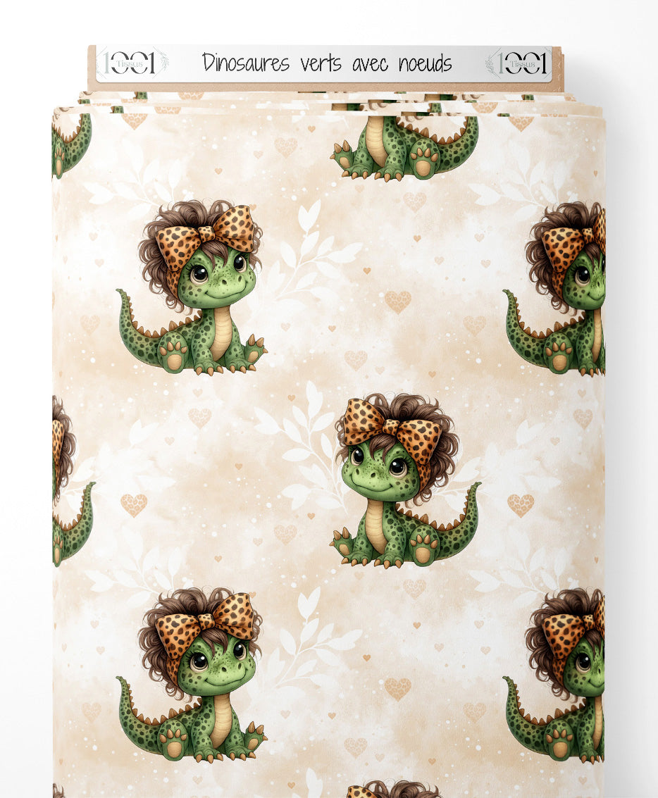Tissu - Dinosaures verts avec nœuds