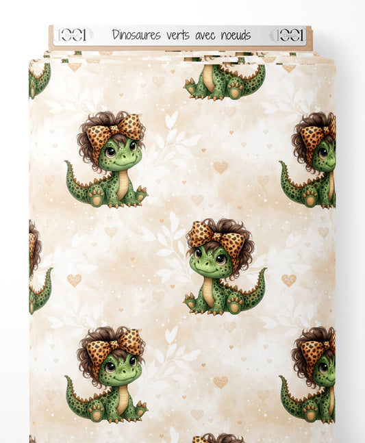 Tissu - Dinosaures verts avec nœuds